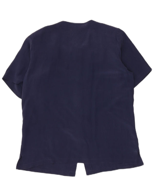 Vintage Damen Kurzarm-Hemdbluse IT 48 XL Marineblaue Seide