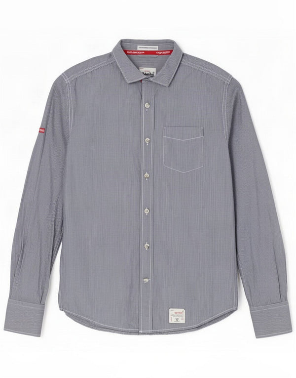 Superdry Herrenhemd Mittel Marineblau Nadelstreifen Baumwolle