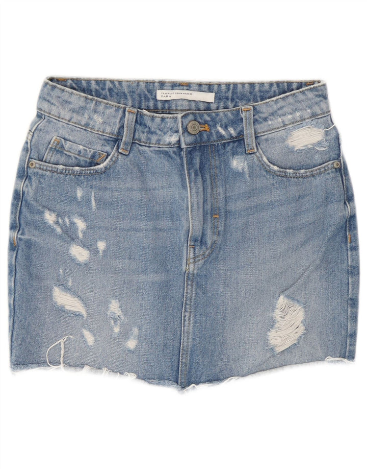 Zara Damen Distressed Mini Jeansrock XS W24 Blau