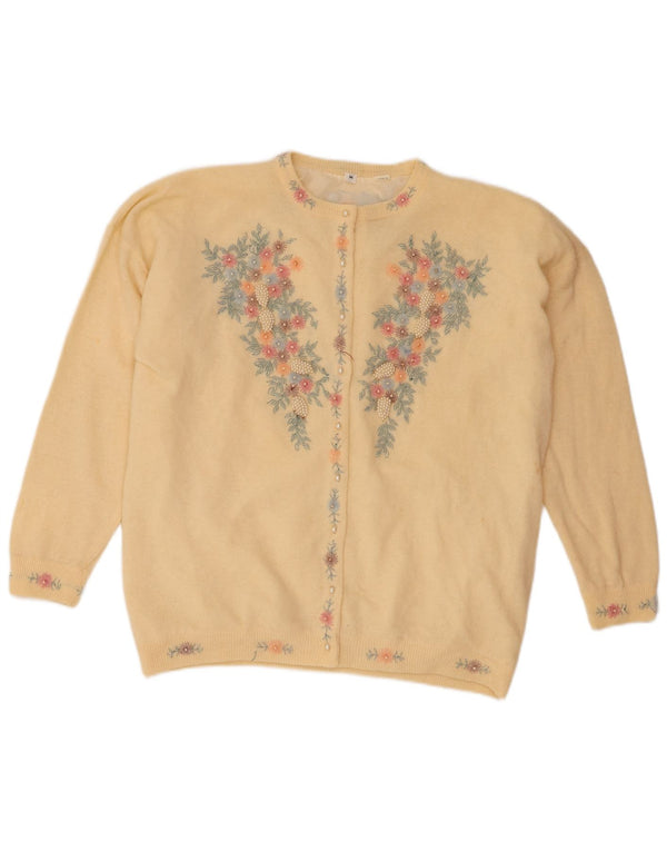 Vintage Damen Cardigan Pullover UK 14 Medium Beige Floral Lammwolle