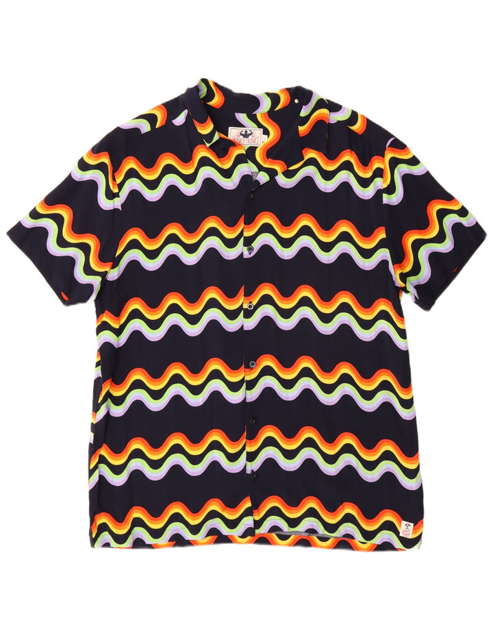 Vintage Herren Kurzarmhemd Große marineblaue Chevron-Viskose