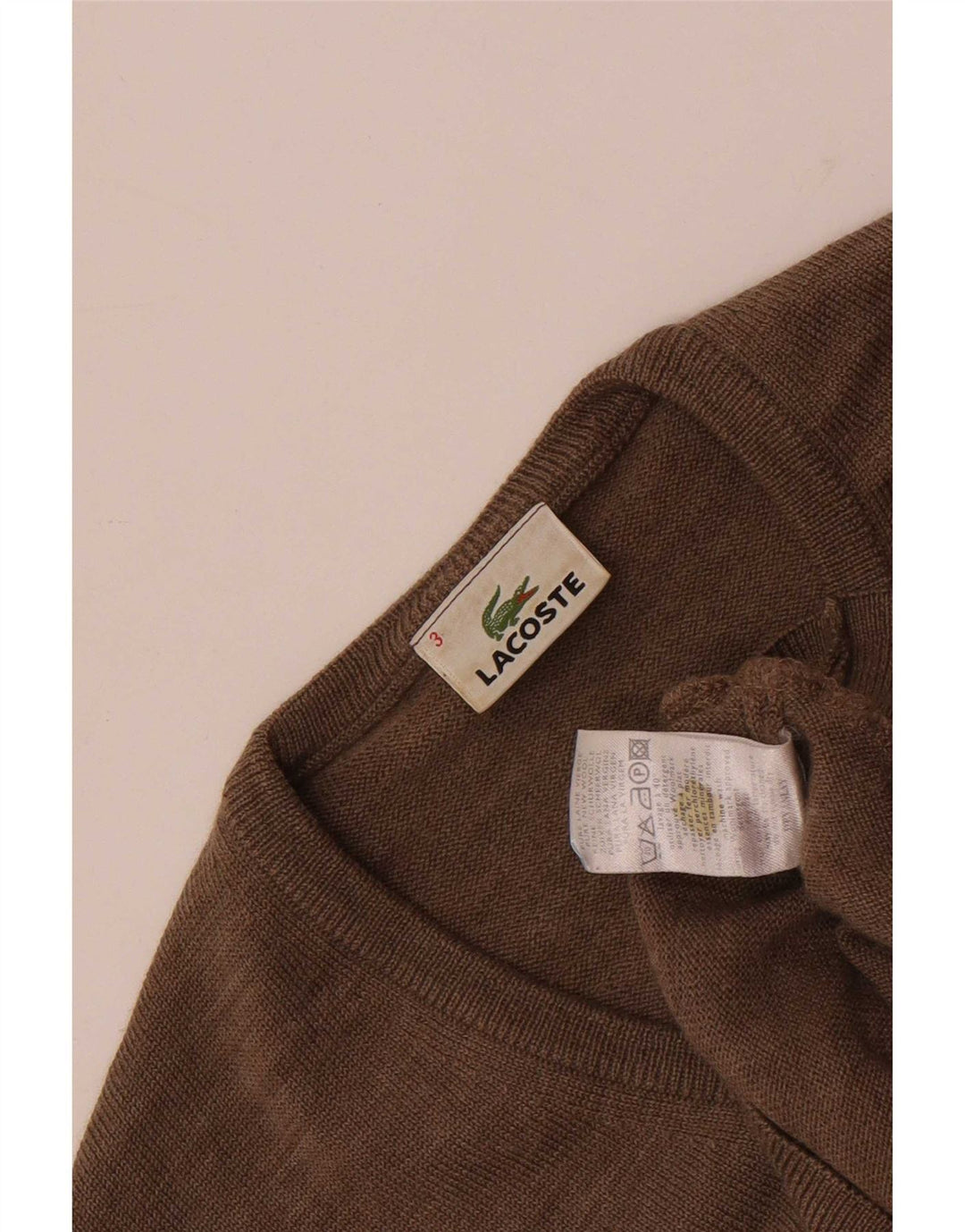 Lacoste Herren-Pullover mit V-Ausschnitt, Größe 3, kleine braune Schurwolle