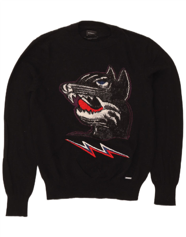 Diesel Herren-Pullover mit grafischem Rundhalsausschnitt, groß, aus schwarzer Wolle