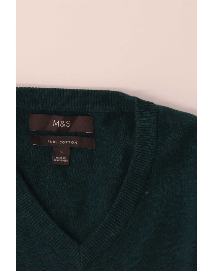 Marks & Spencer Herren-Pullover mit V-Ausschnitt aus mittelgrüner Baumwolle