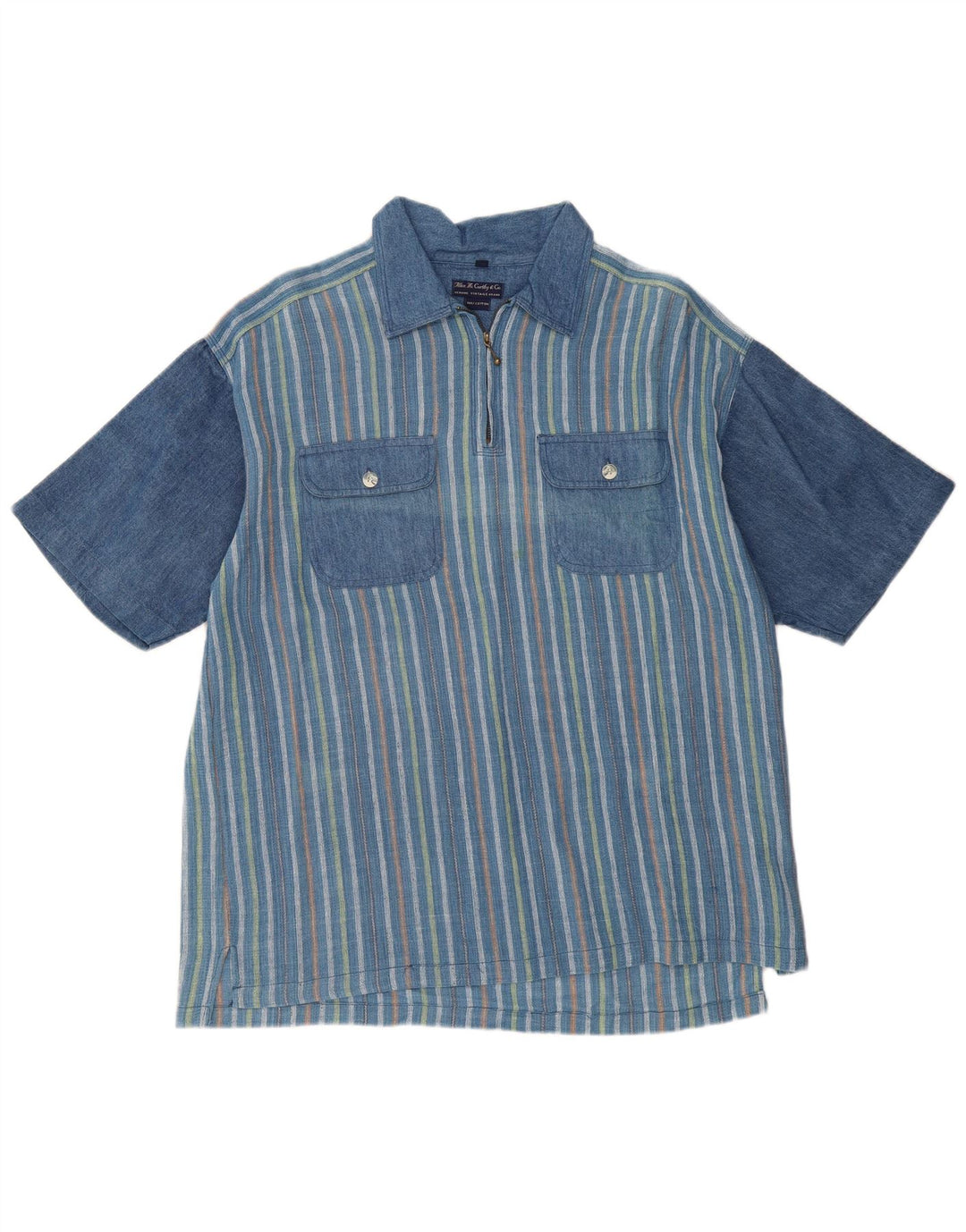 VINTAGE Herren Loose Fit Kurzarm-Pulloverhemd Mittelblau gestreift