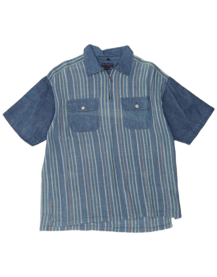 VINTAGE Herren Loose Fit Kurzarm-Pulloverhemd Mittelblau gestreift