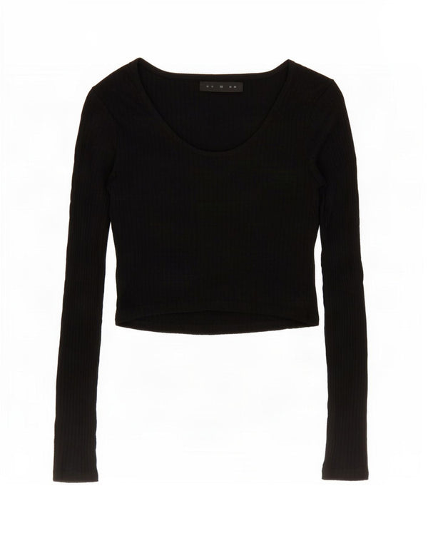 Topshop Damen Crop Top Langarm UK 10 Small Schwarze Viskose