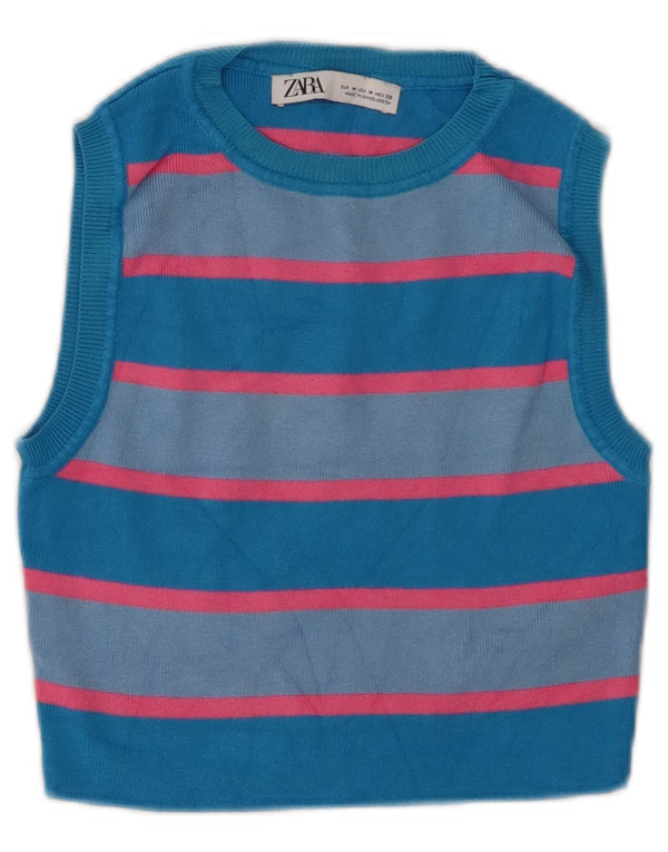 Zara Damen Crop Vest Top UK 12 Mittelblau gestreifte Viskose