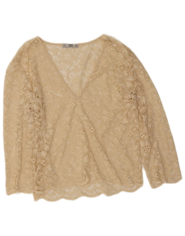 Zara Damen Langarm-Spitzen-Durchsichtiges Top UK 12 Medium Beige Floral