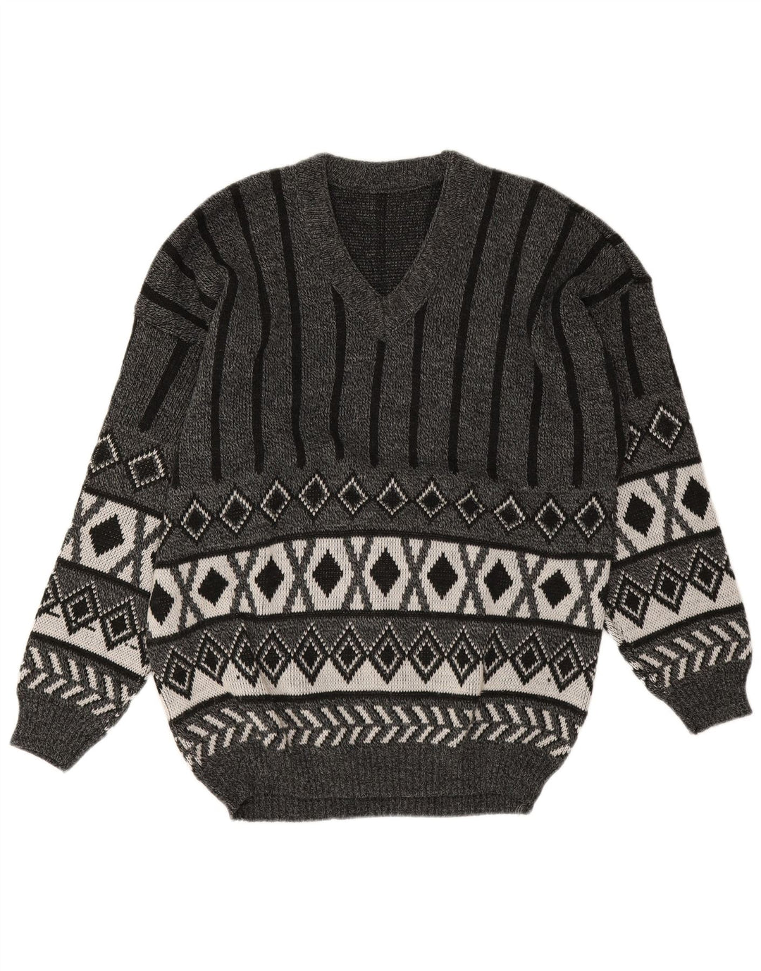 Vintage Herren V-Ausschnitt Pullover Pullover Mittelgrau Argyle/Diamant
