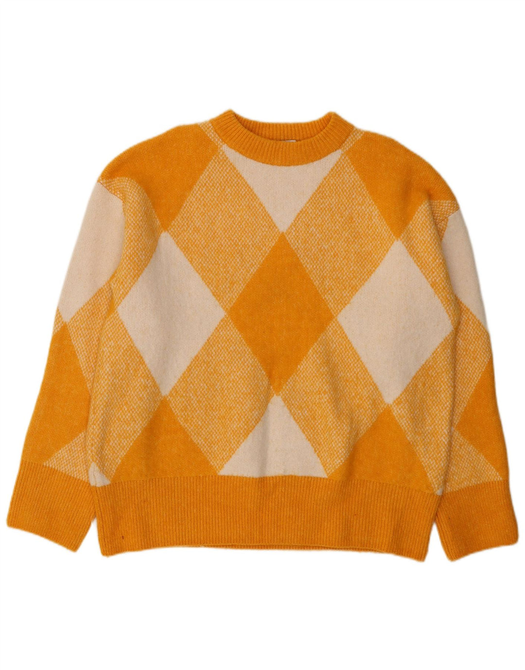 Zara Damen-Pullover mit Rundhalsausschnitt, Gr. 14, mittelgelb, Argyle/Diamant