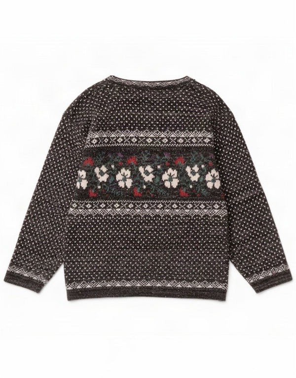 Vintage Damen-Pullover mit U-Boot-Ausschnitt, UK 14, mittelgraue Baumwolle mit Blumenmuster