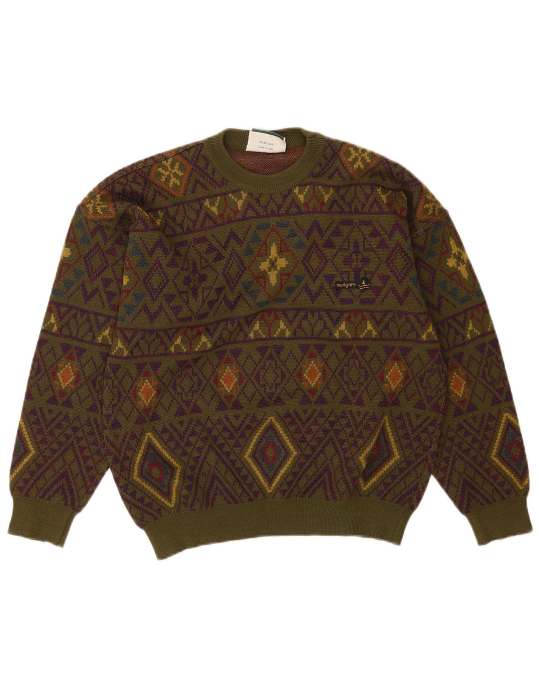 Navigare Herren-Pullover mit Rundhalsausschnitt, mittelgroße Khaki-geometrische Wolle