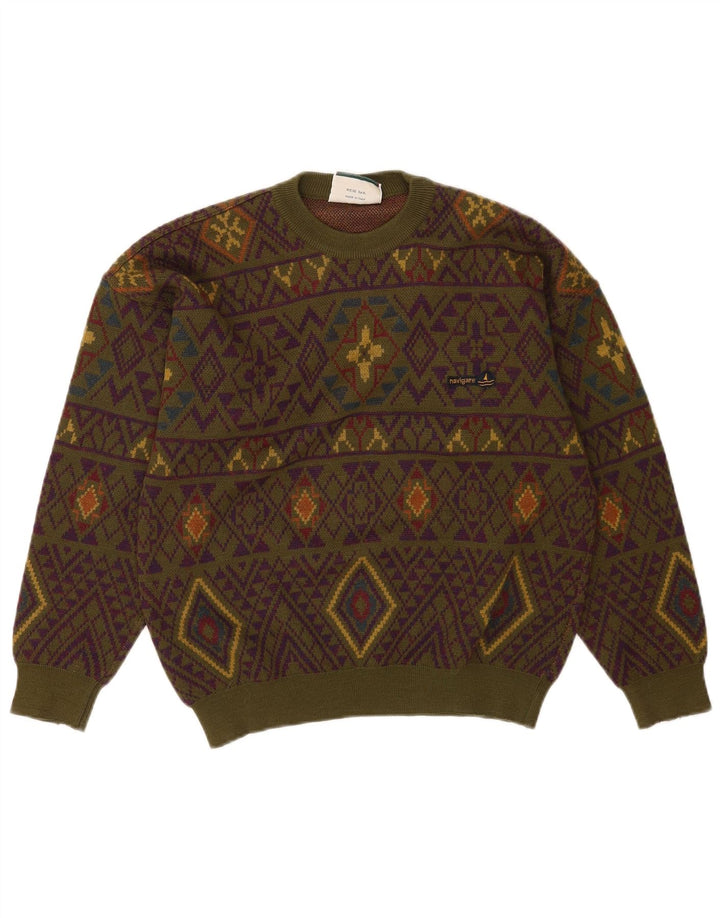 Navigare Herren-Pullover mit Rundhalsausschnitt, mittelgroße Khaki-geometrische Wolle
