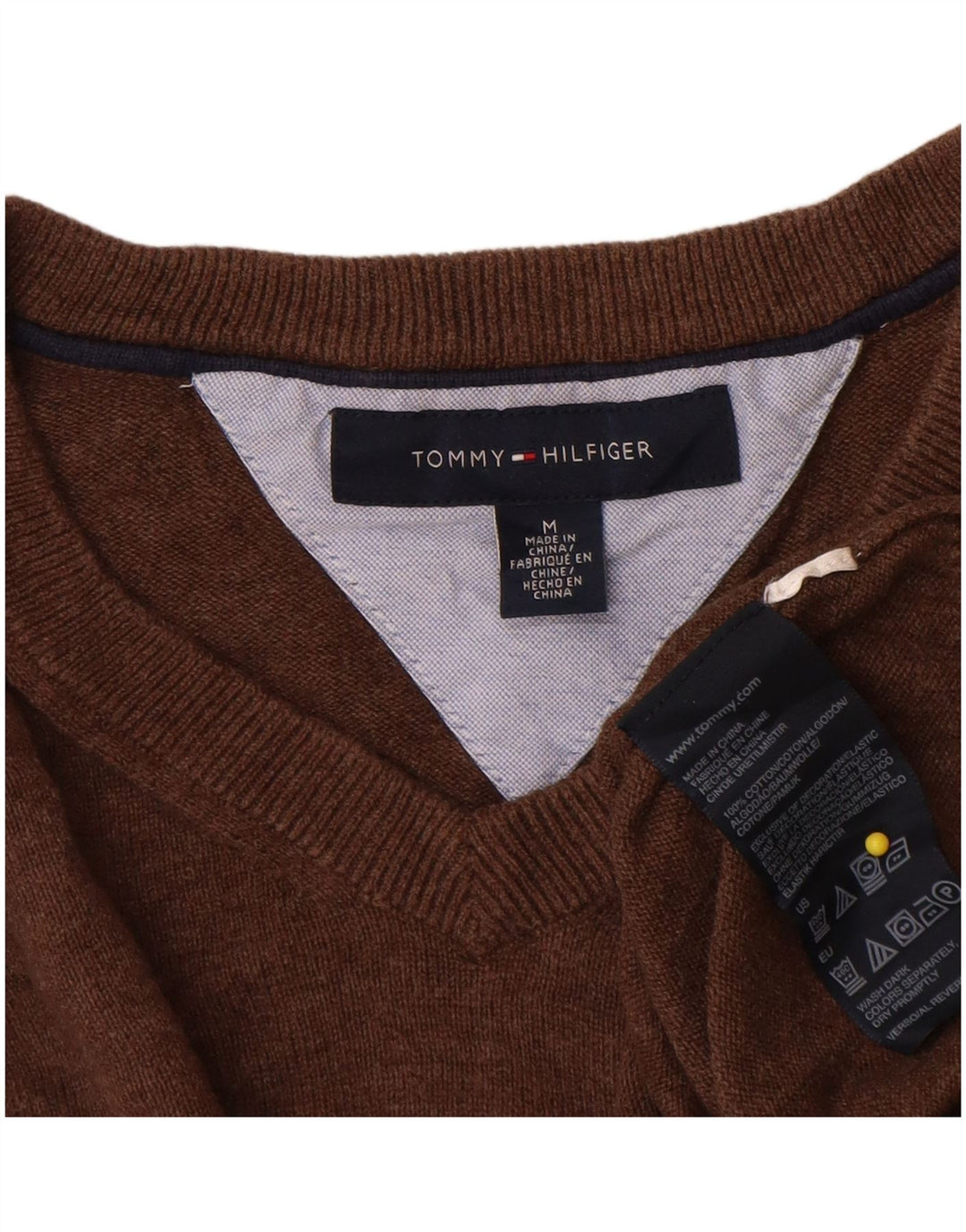 Tommy Hilfiger Herren-Pullover mit V-Ausschnitt aus mittelbrauner Baumwolle