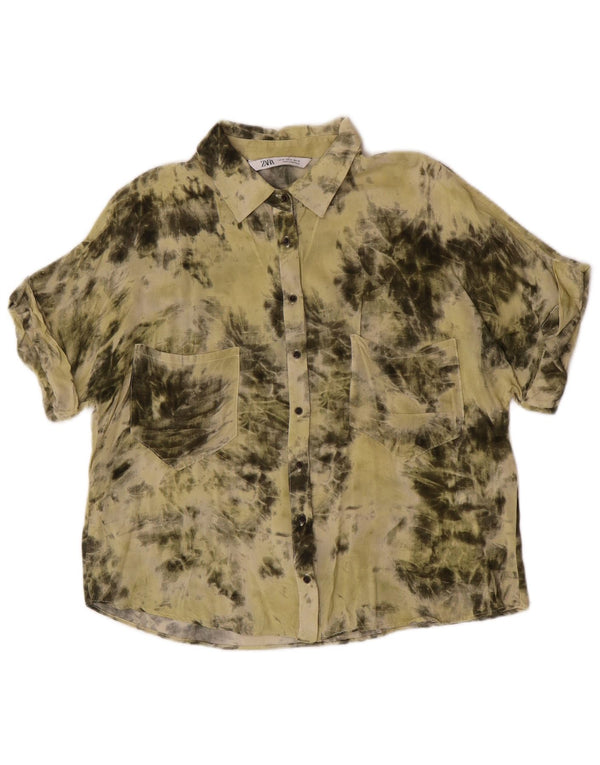 Zara Damen Kurzarm-Hemdbluse UK 14 Medium Khaki Tie Dye Viscose