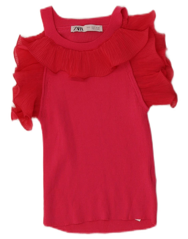 Zara Damen Crop Off Shoulder Bluse Top UK 8 Small Rosa Viskose