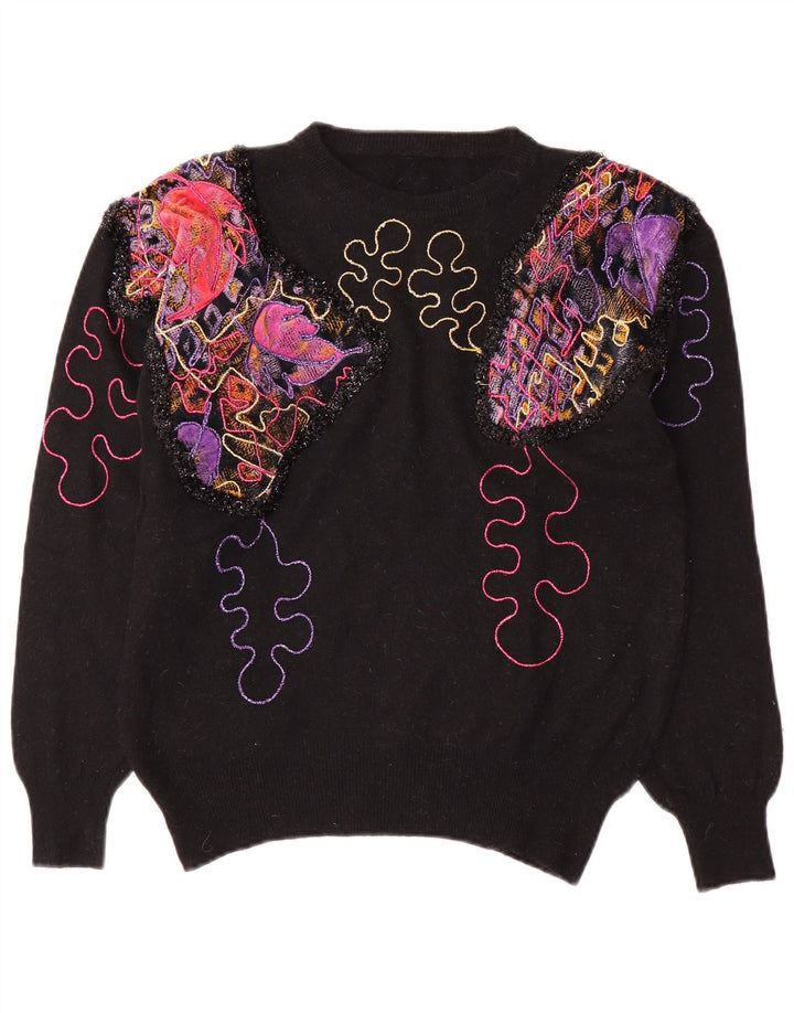 Vintage Damen Pullover mit abstraktem Muster und Rundhalsausschnitt, Gr. 14, mittelschwarz