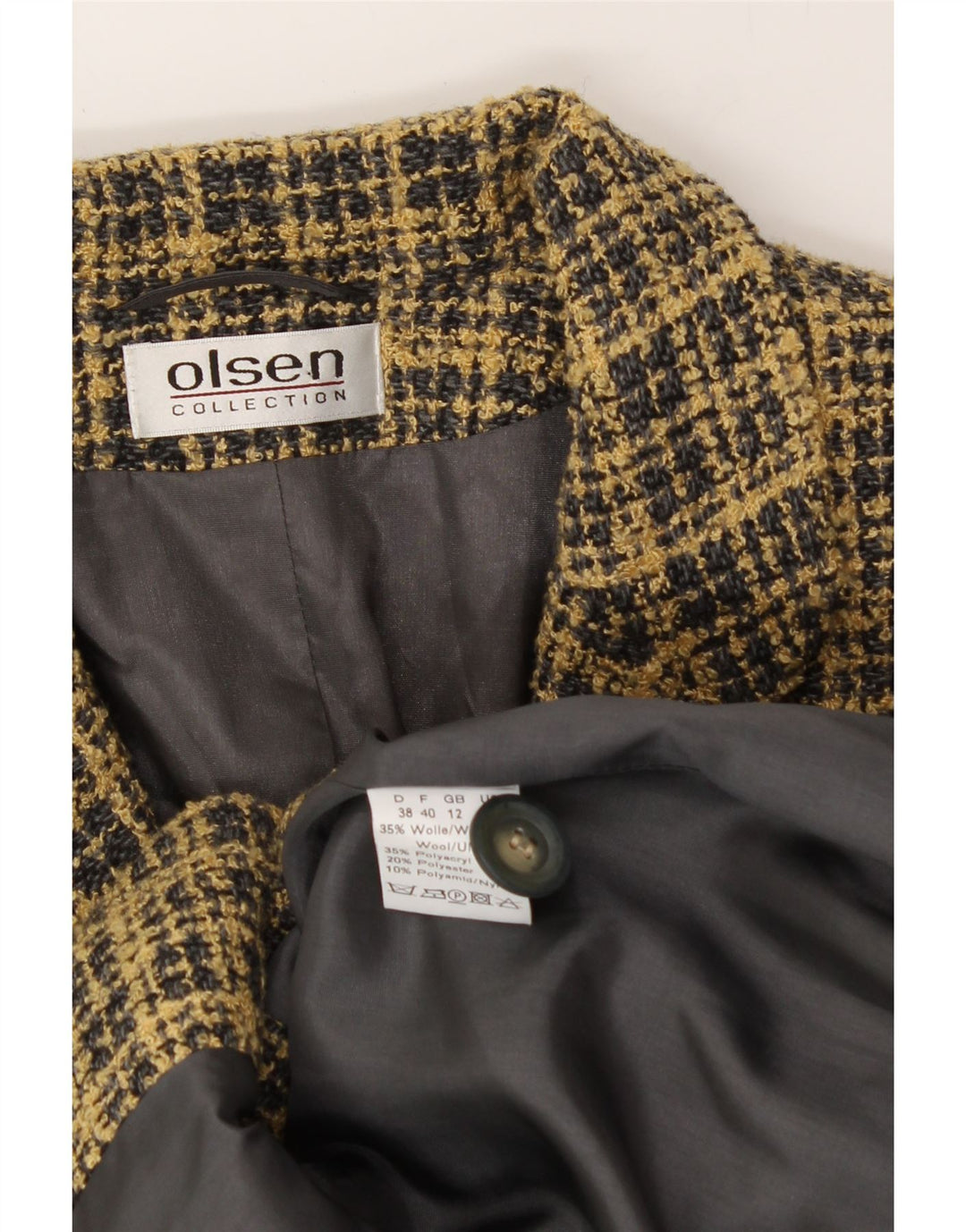 OLSEN Womens 3 Button Blazer Jacket UK 12 Medium  Beige Check Wool Vintage Olsen and Second-Hand Olsen from Messina Hembry 