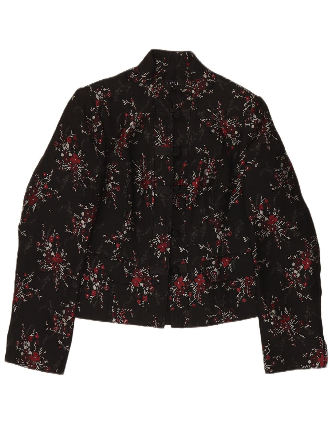 Vintage Damen 5-Knopf-Blazerjacke UK 14 Großes schwarzes florales Acetat