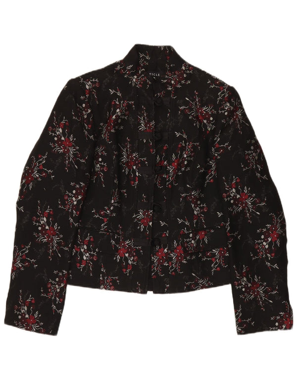 Vintage Damen 5-Knopf-Blazerjacke UK 14 Großes schwarzes florales Acetat