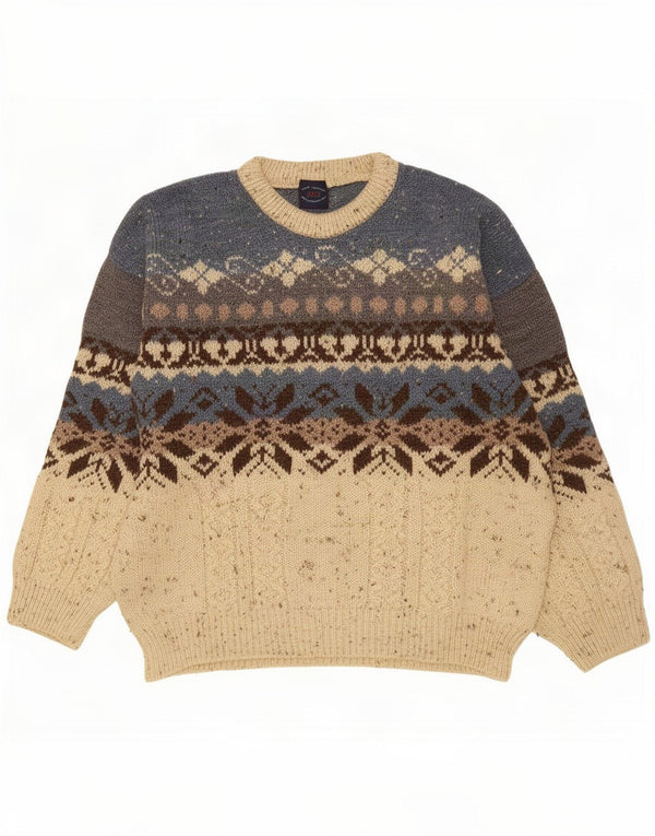 Vintage Mens Crew Neck Jumper Sweater Large Blue Fair Isle Wool