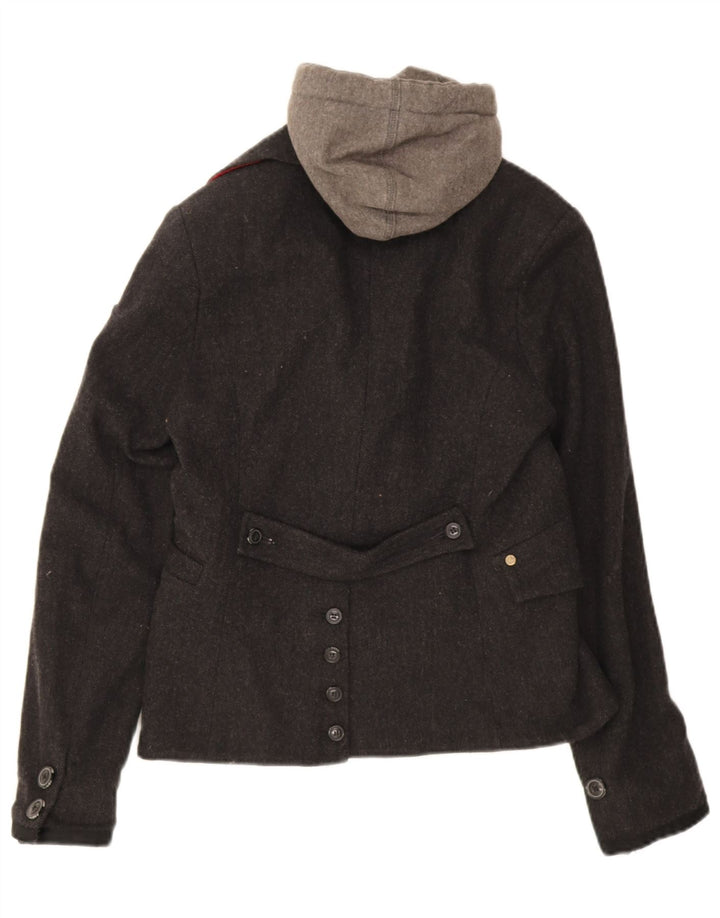 Superdry Damen-Blazer mit 2 Knöpfen und Kapuze, UK 12, mittelgrau, Fischgrätenmuster
