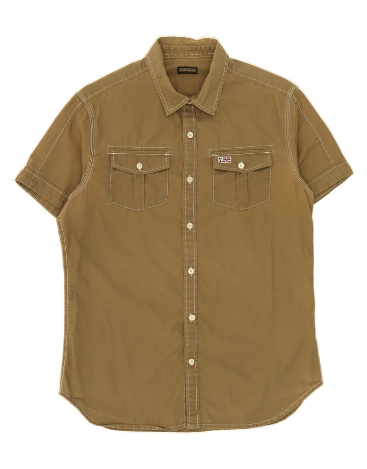 NAPAPIJRI Mens Short Sleeve Shirt Medium Khaki Cotton Vintage Napapijri and Second-Hand Napapijri from Messina Hembry 