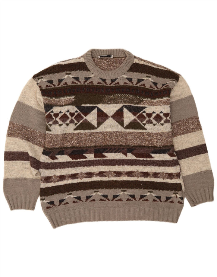 Vintage Herren Pullover mit Rundhalsausschnitt IT 50 Mittelbraun Geometrisch
