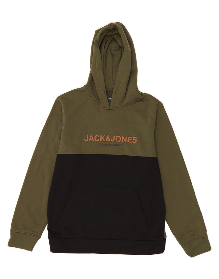 JACK & JONES Mens Graphic Hoodie Jumper Large Khaki Colourblock Polyester Vintage Jack & Jones and Second-Hand Jack & Jones from Messina Hembry 