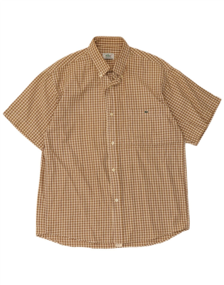 Lacoste Herren-Kurzarmhemd, Größe 41, große beige karierte Baumwolle