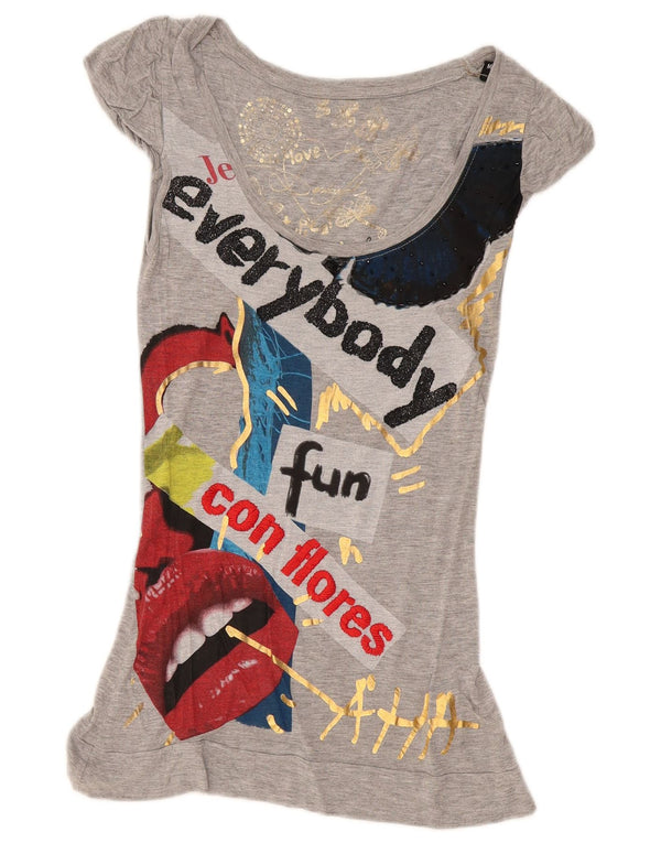 Desigual Womens Graphic Tunic Top UK 12 Mittelgraue Viskose