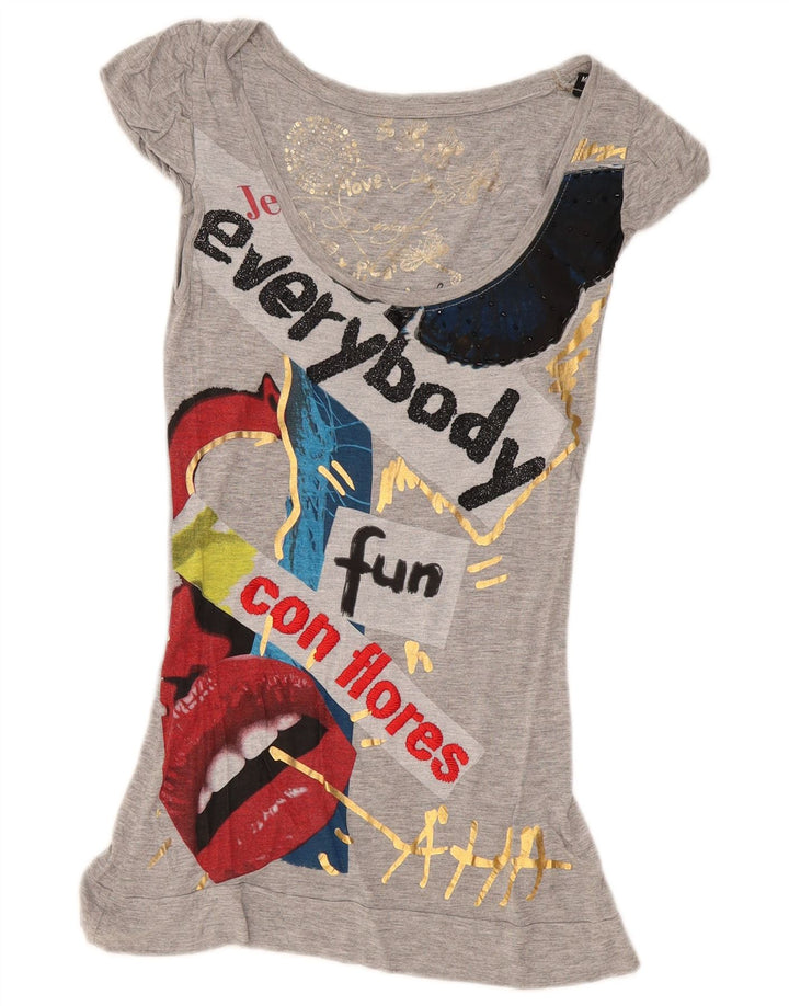Desigual Womens Graphic Tunic Top UK 12 Mittelgraue Viskose