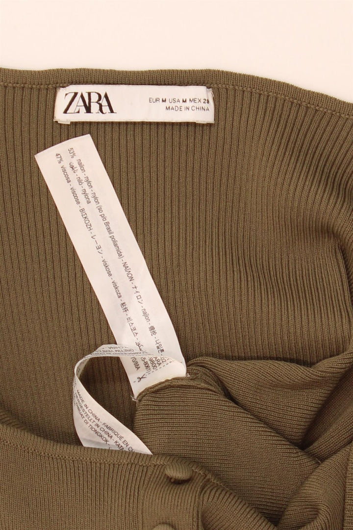 Zara Damen Langarm Crop Off Shoulder Top UK 12 Medium Khaki Nylon