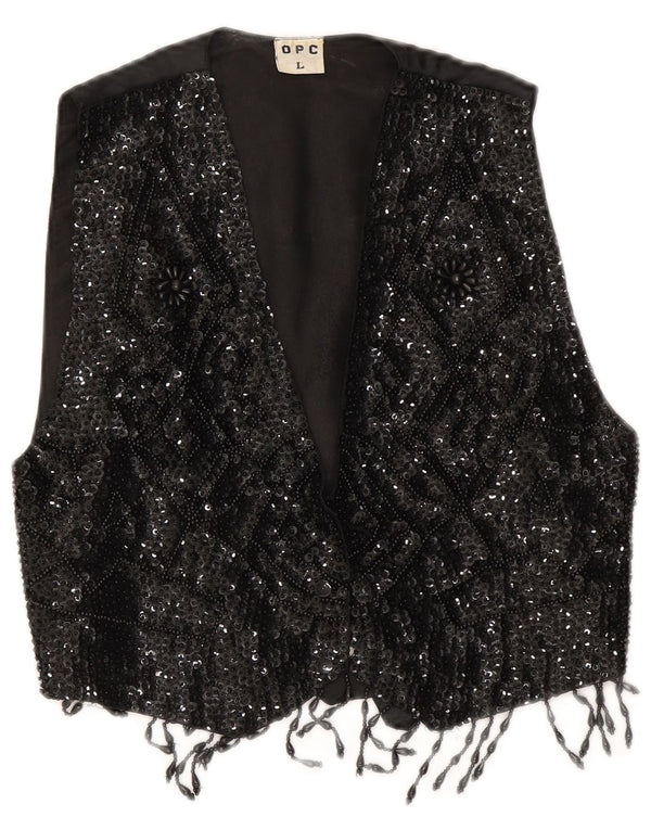 Vintage Damen Crop Pailletten Weste UK 14 Large Schwarz