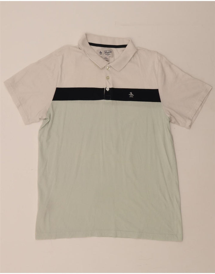 PENGUIN Mens Polo Shirt Large Green Colourblock Cotton Vintage Penguin and Second-Hand Penguin from Messina Hembry 