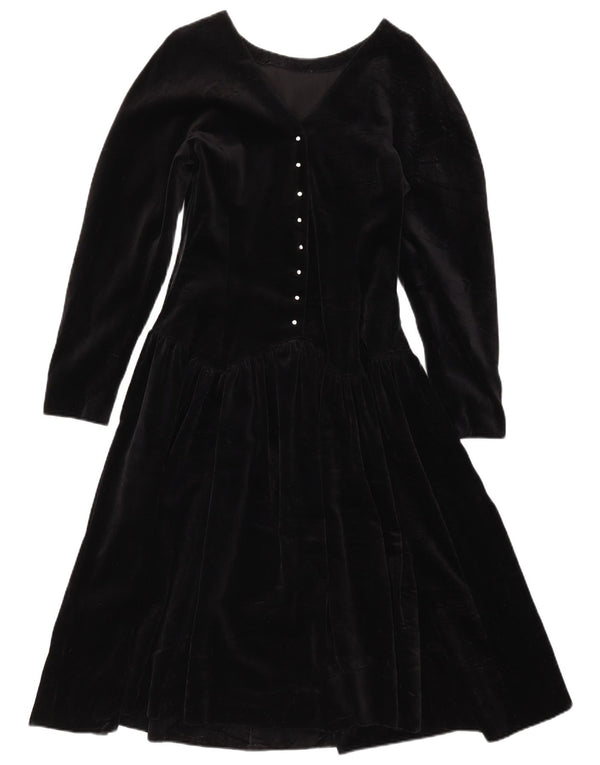 Vintage Damen Samt Langarm A-Linie Kleid UK 8 Small Schwarz