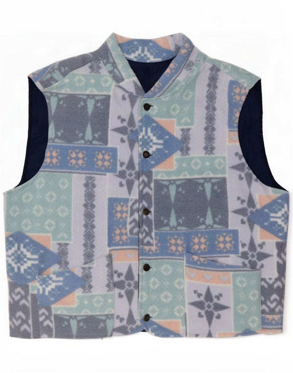 Vintage Mens Reversible Fleece Gilet UK 40 Large Blue Geometric Polyester