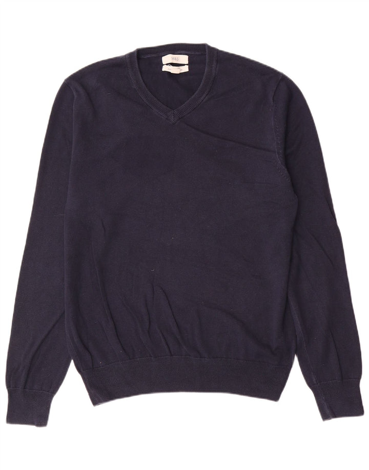 Marks & Spencer Herren-Pullover mit V-Ausschnitt aus mittelblauer Baumwolle