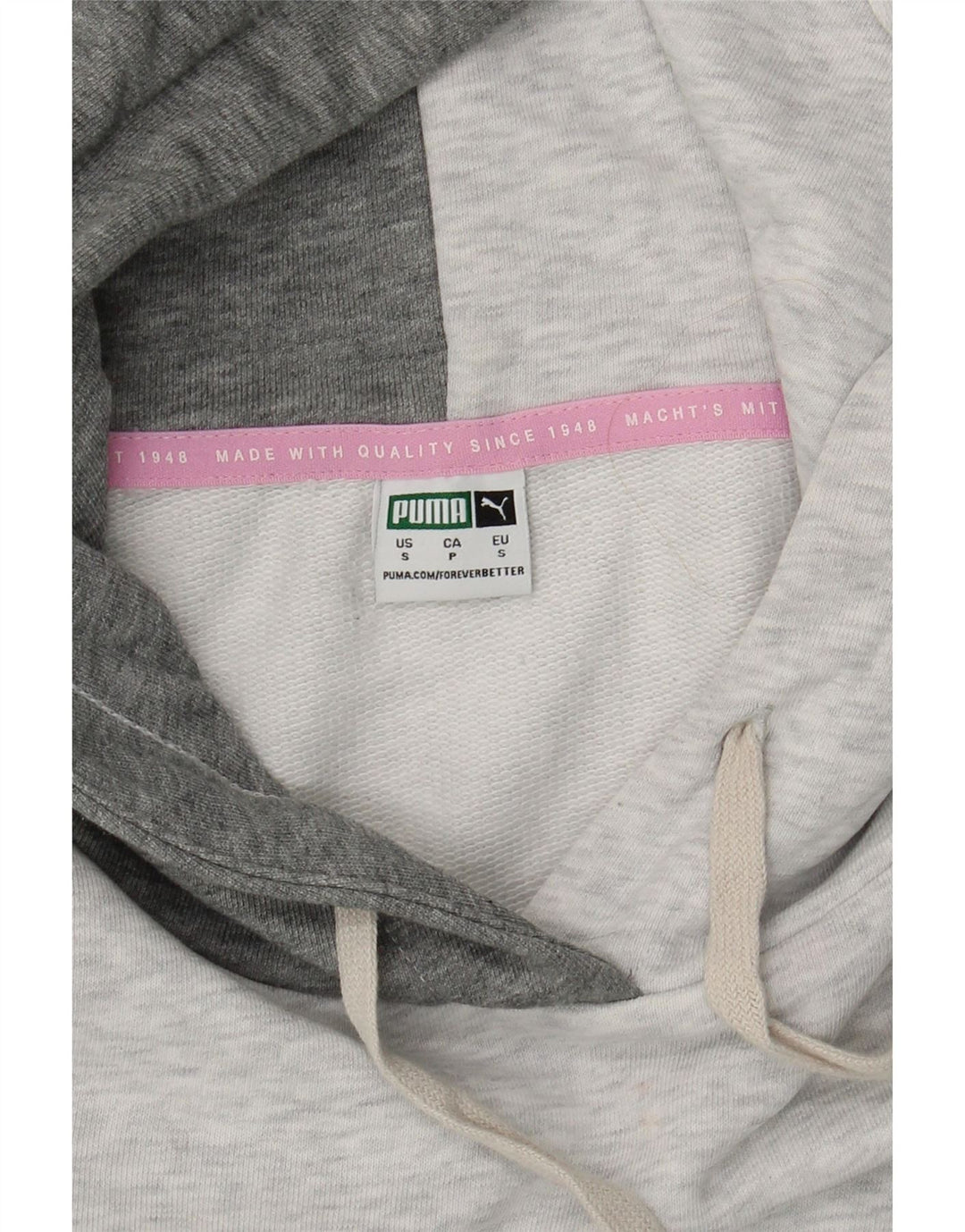 PUMA Womens Oversized Hoodie Jumper UK 10 Small Grey Colourblock Vintage Puma and Second-Hand Puma from Messina Hembry 