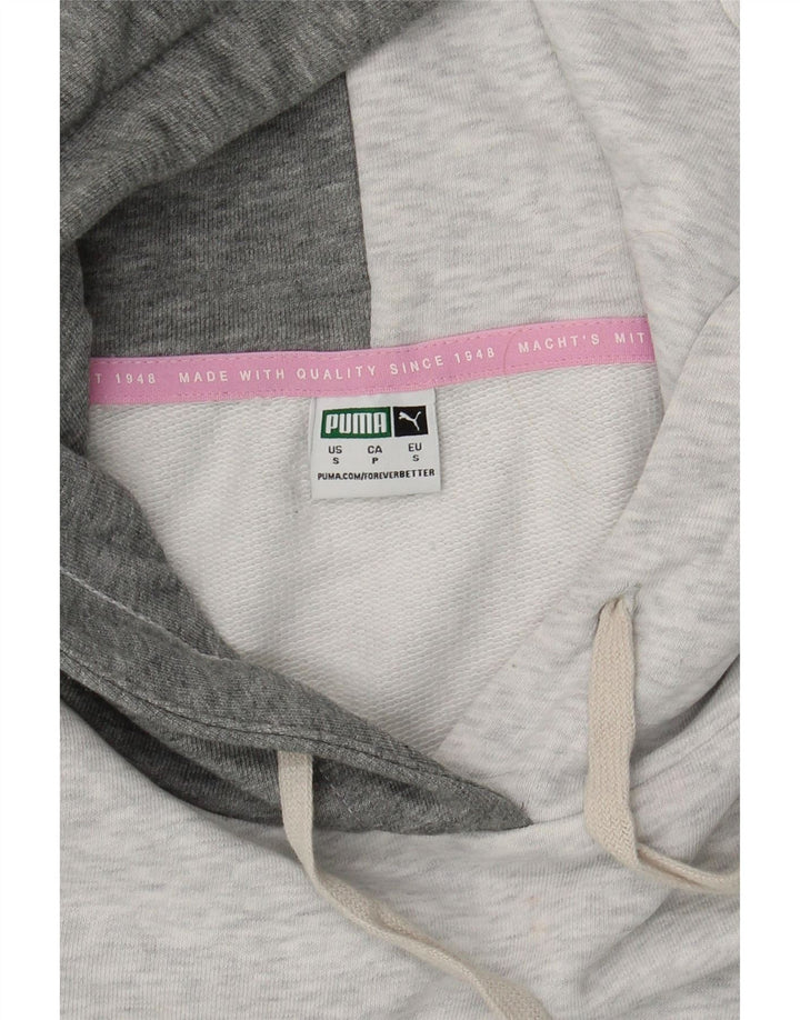 PUMA Womens Oversized Hoodie Jumper UK 10 Small Grey Colourblock Vintage Puma and Second-Hand Puma from Messina Hembry 