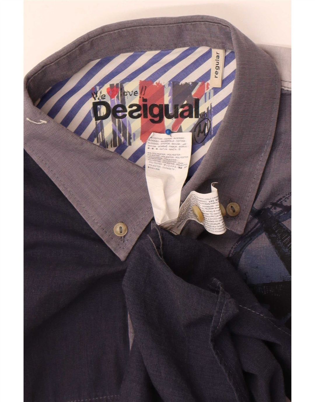 Desigual Herren-Grafikhemd aus mittelblauer Colourblock-Baumwolle