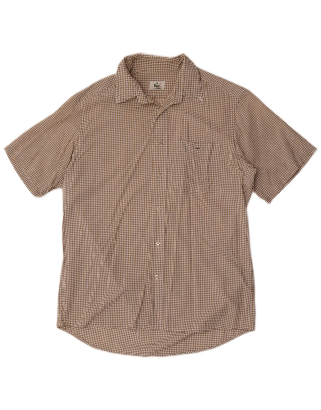 Lacoste Herren-Kurzarmhemd, Größe 40, mittelbeige, karierte Baumwolle