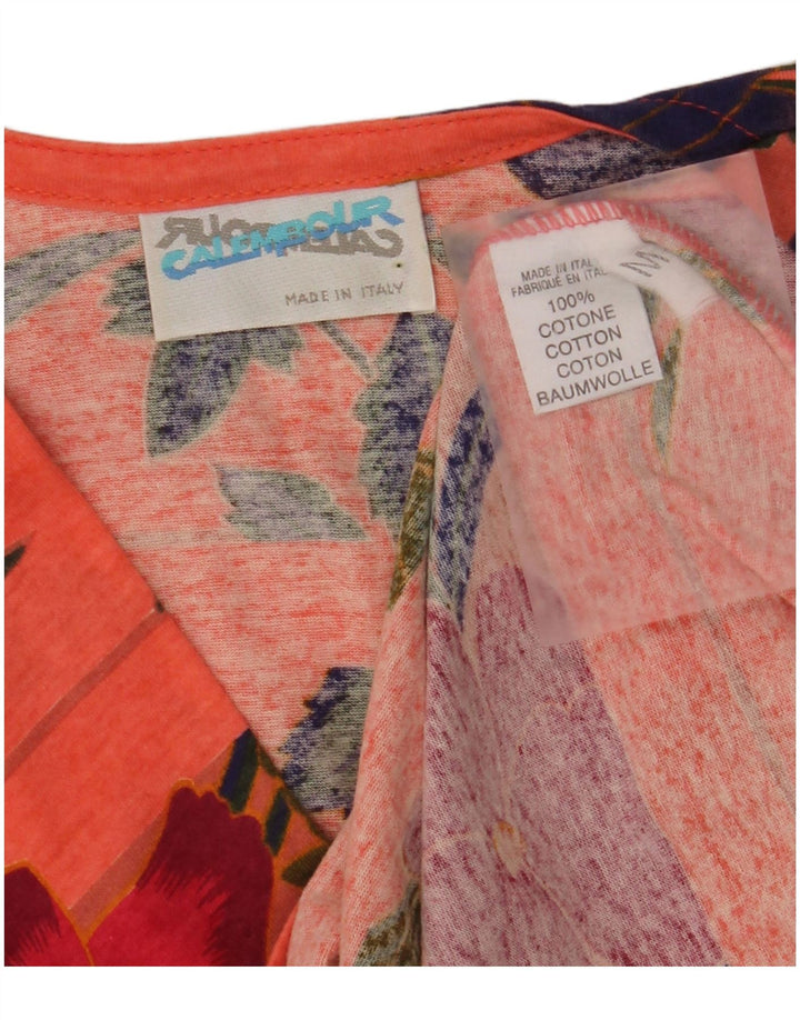 VINTAGE Damen Bluse Top UK 14 Mittelorange geblümte Baumwolle