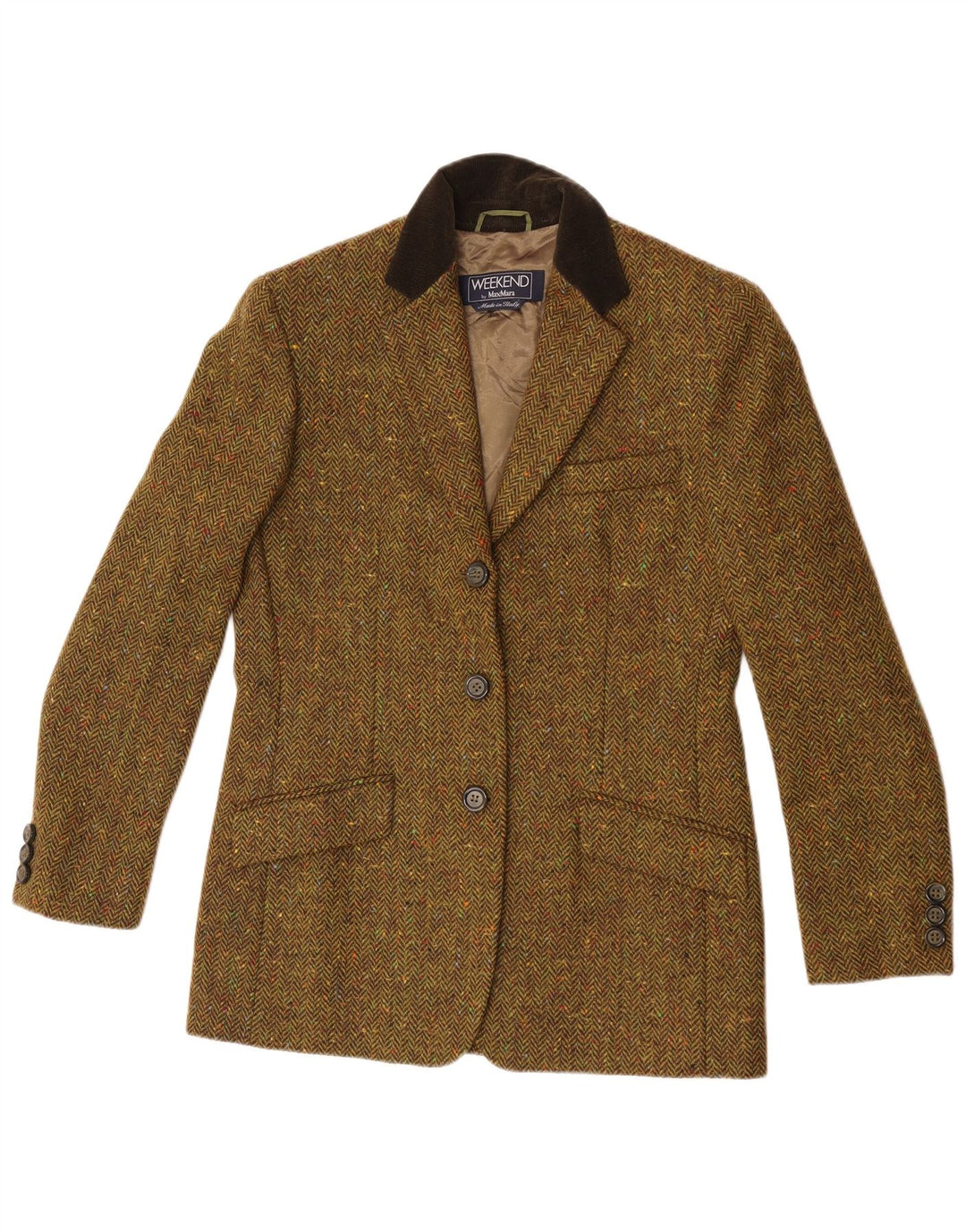 Max Mara Damen-Blazerjacke mit 3 Knöpfen, Gr. 10, Größe S, Khaki, Fischgrätenmuster