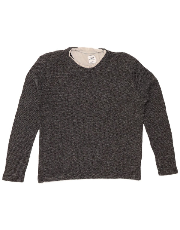 ZARA Damen Top Langarm UK 14 Mittelgrau gefleckte Baumwolle