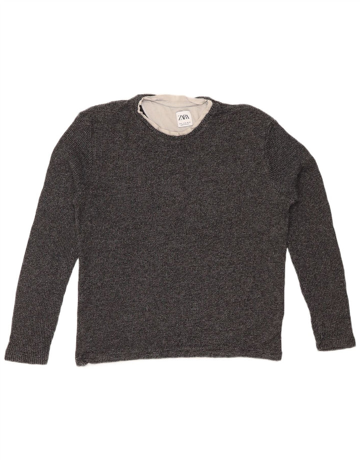 ZARA Damen Top Langarm UK 14 Mittelgrau gefleckte Baumwolle