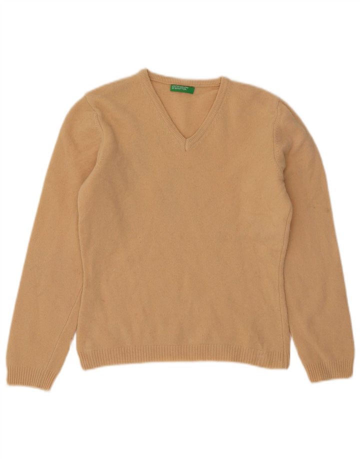 BENETTON Damen-Pullover mit bauchfreiem V-Ausschnitt, Gr. 12, mittelbeige Wolle
