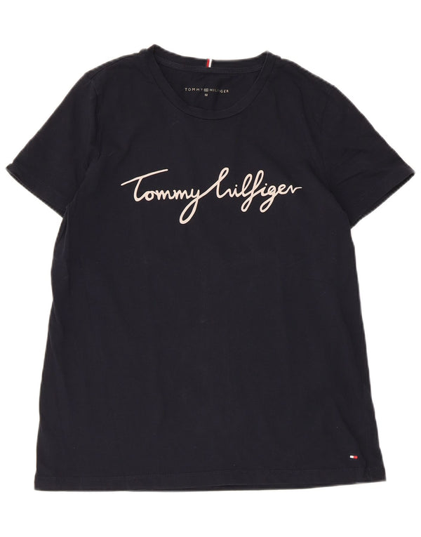 TOMMY HILFIGER Womens Graphic T-Shirt Top UK 12 Medium Navy Blue Cotton