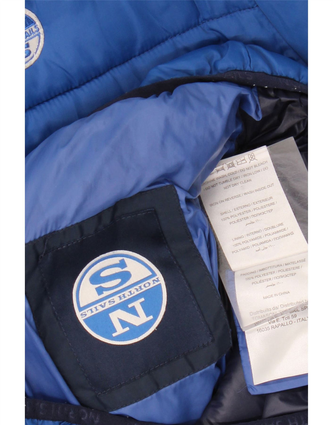 NORTH SAILS Mens Graphic Hooded Padded Jacket UK 34 XS Navy Blue Polyester Vintage North Sails and Second-Hand North Sails from Messina Hembry 